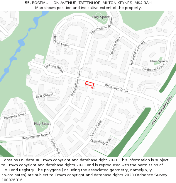 55, ROSEMULLION AVENUE, TATTENHOE, MILTON KEYNES, MK4 3AH: Location map and indicative extent of plot