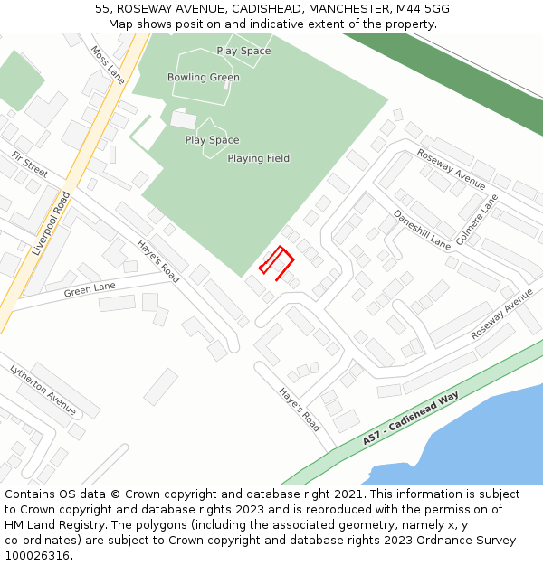 55, ROSEWAY AVENUE, CADISHEAD, MANCHESTER, M44 5GG: Location map and indicative extent of plot