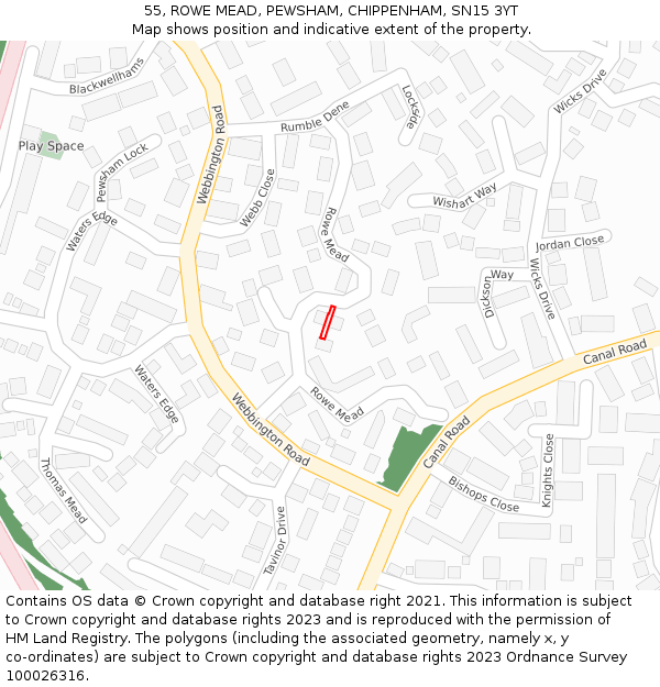 55, ROWE MEAD, PEWSHAM, CHIPPENHAM, SN15 3YT: Location map and indicative extent of plot