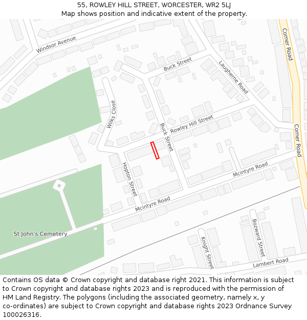 55, ROWLEY HILL STREET, WORCESTER, WR2 5LJ: Location map and indicative extent of plot