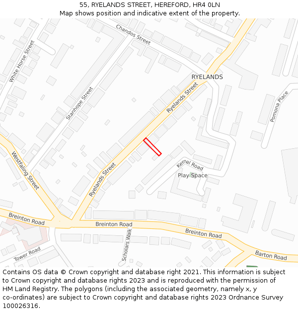 55, RYELANDS STREET, HEREFORD, HR4 0LN: Location map and indicative extent of plot
