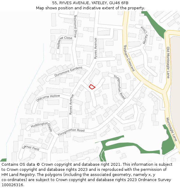 55, RYVES AVENUE, YATELEY, GU46 6FB: Location map and indicative extent of plot