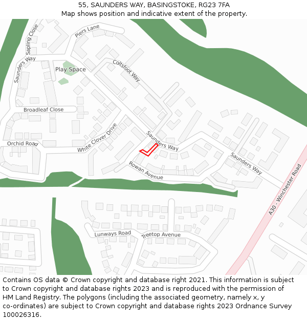 55, SAUNDERS WAY, BASINGSTOKE, RG23 7FA: Location map and indicative extent of plot
