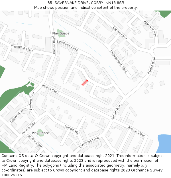 55, SAVERNAKE DRIVE, CORBY, NN18 8SB: Location map and indicative extent of plot