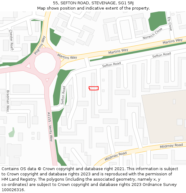 55, SEFTON ROAD, STEVENAGE, SG1 5RJ: Location map and indicative extent of plot