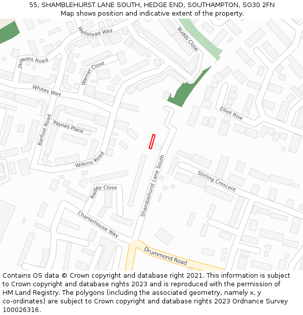 55, SHAMBLEHURST LANE SOUTH, HEDGE END, SOUTHAMPTON, SO30 2FN: Location map and indicative extent of plot
