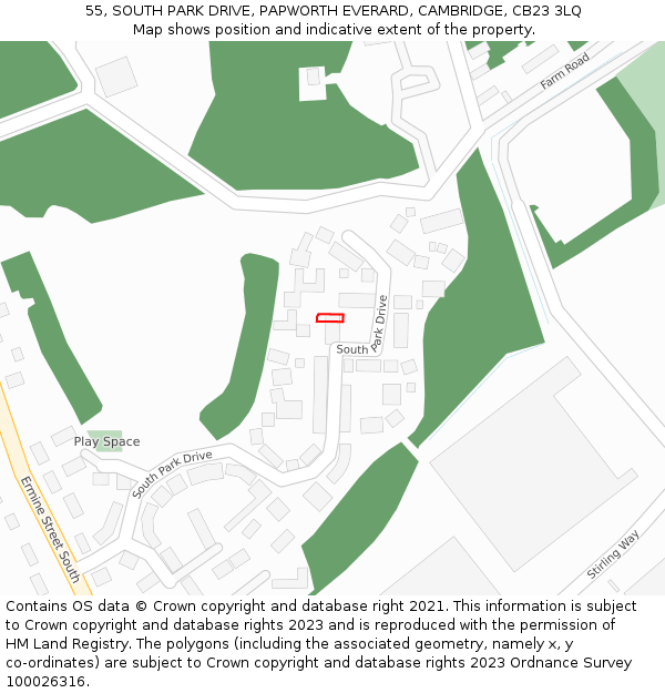 55, SOUTH PARK DRIVE, PAPWORTH EVERARD, CAMBRIDGE, CB23 3LQ: Location map and indicative extent of plot
