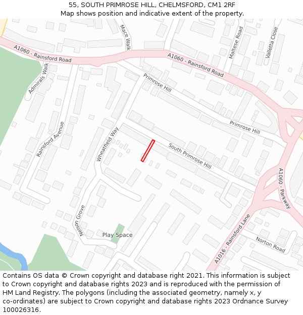 55, SOUTH PRIMROSE HILL, CHELMSFORD, CM1 2RF: Location map and indicative extent of plot