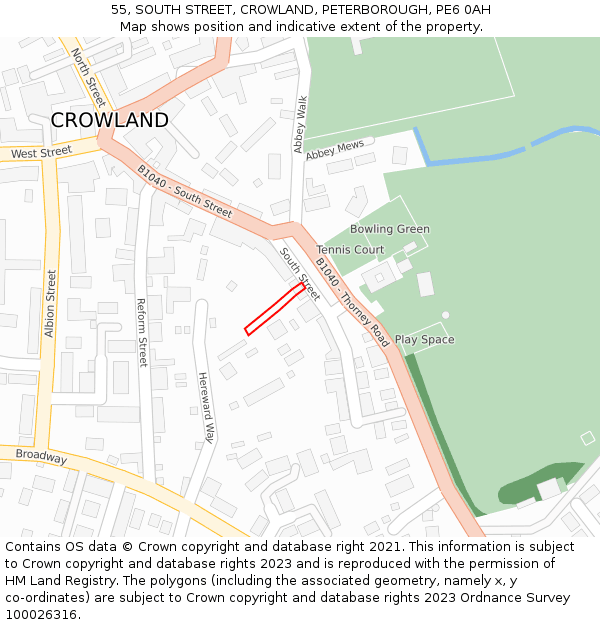 55, SOUTH STREET, CROWLAND, PETERBOROUGH, PE6 0AH: Location map and indicative extent of plot