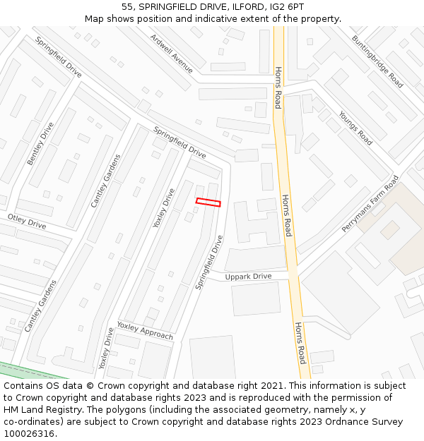 55, SPRINGFIELD DRIVE, ILFORD, IG2 6PT: Location map and indicative extent of plot