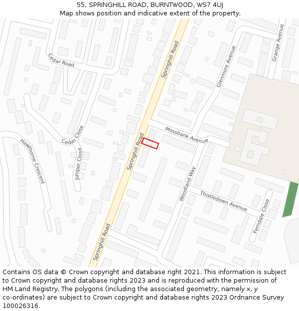 55, SPRINGHILL ROAD, BURNTWOOD, WS7 4UJ: Location map and indicative extent of plot
