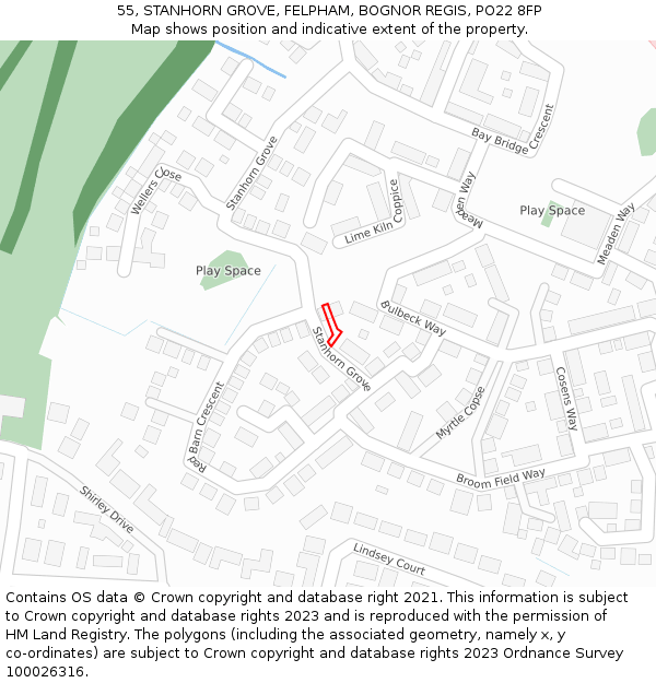 55, STANHORN GROVE, FELPHAM, BOGNOR REGIS, PO22 8FP: Location map and indicative extent of plot