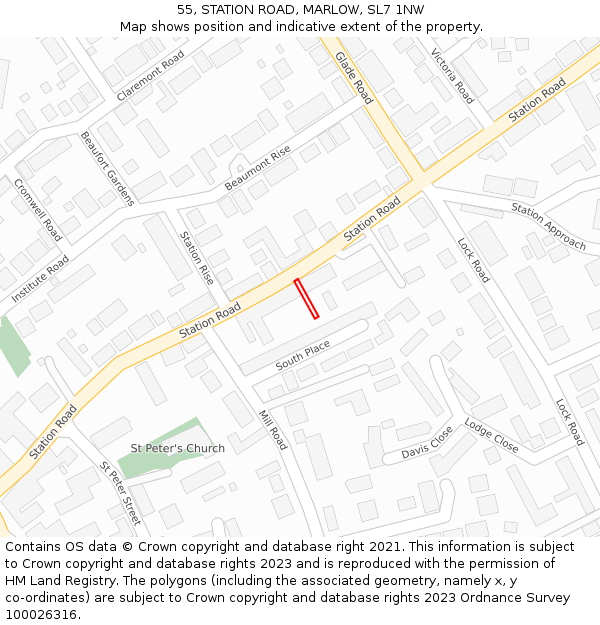 55, STATION ROAD, MARLOW, SL7 1NW: Location map and indicative extent of plot