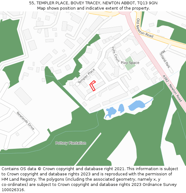 55, TEMPLER PLACE, BOVEY TRACEY, NEWTON ABBOT, TQ13 9GN: Location map and indicative extent of plot