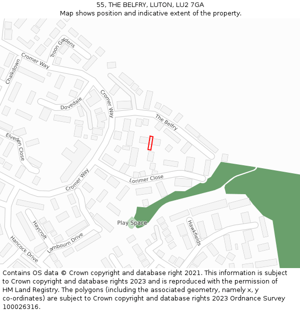 55, THE BELFRY, LUTON, LU2 7GA: Location map and indicative extent of plot