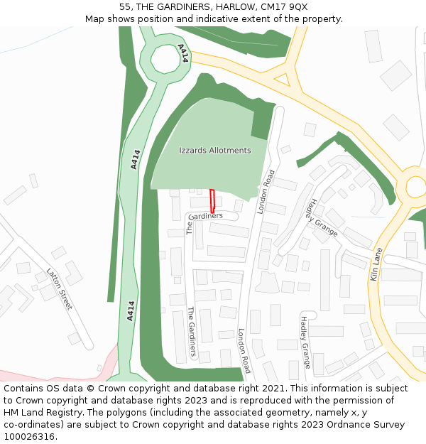 55, THE GARDINERS, HARLOW, CM17 9QX: Location map and indicative extent of plot