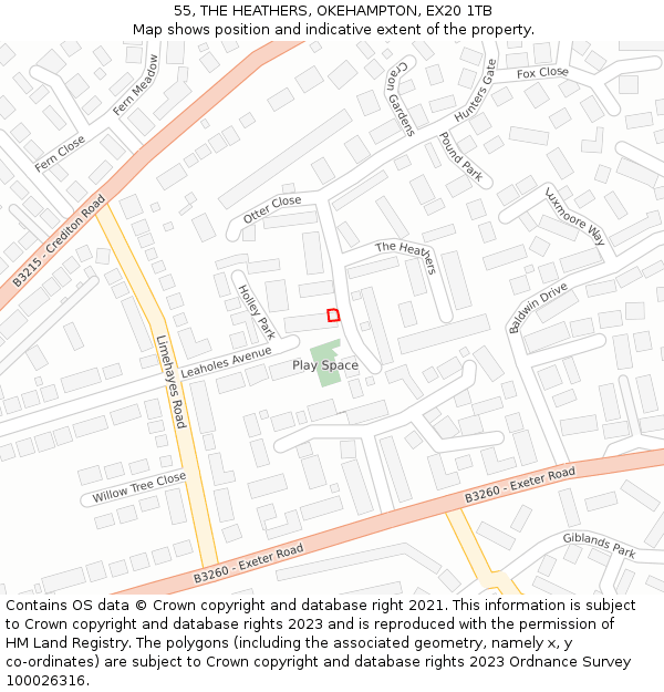 55, THE HEATHERS, OKEHAMPTON, EX20 1TB: Location map and indicative extent of plot
