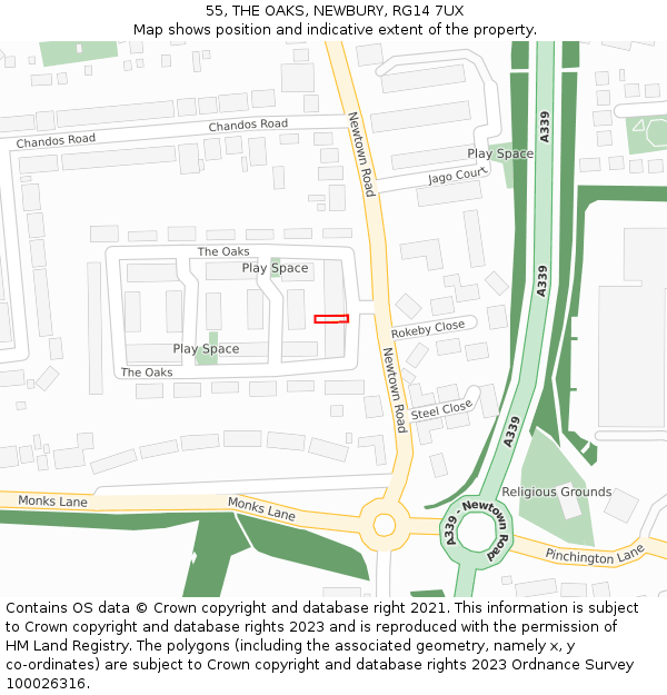 55, THE OAKS, NEWBURY, RG14 7UX: Location map and indicative extent of plot