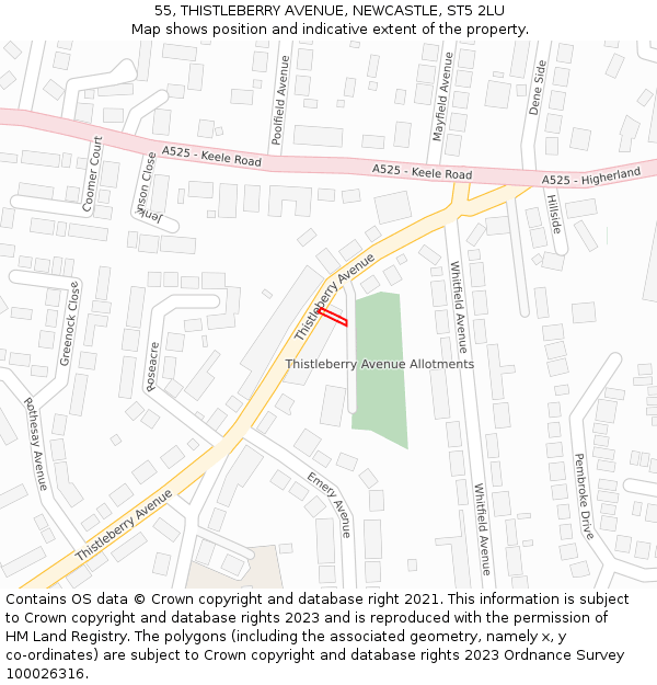 55, THISTLEBERRY AVENUE, NEWCASTLE, ST5 2LU: Location map and indicative extent of plot
