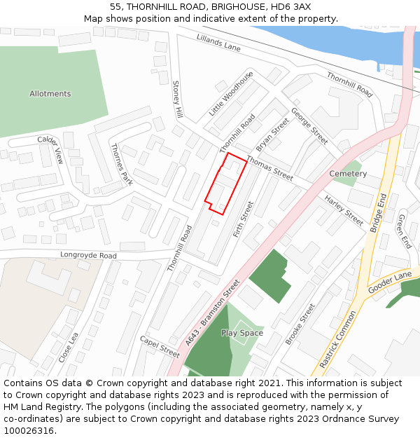 55, THORNHILL ROAD, BRIGHOUSE, HD6 3AX: Location map and indicative extent of plot