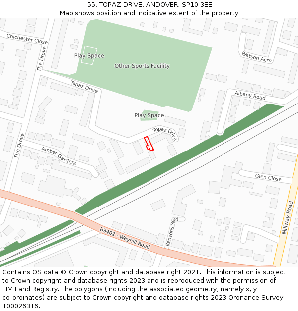 55, TOPAZ DRIVE, ANDOVER, SP10 3EE: Location map and indicative extent of plot