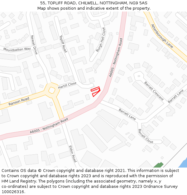 55, TOPLIFF ROAD, CHILWELL, NOTTINGHAM, NG9 5AS: Location map and indicative extent of plot