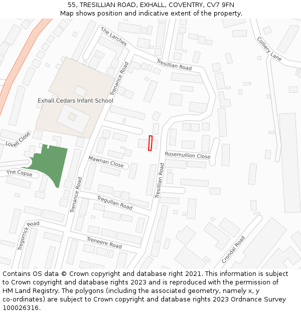 55, TRESILLIAN ROAD, EXHALL, COVENTRY, CV7 9FN: Location map and indicative extent of plot