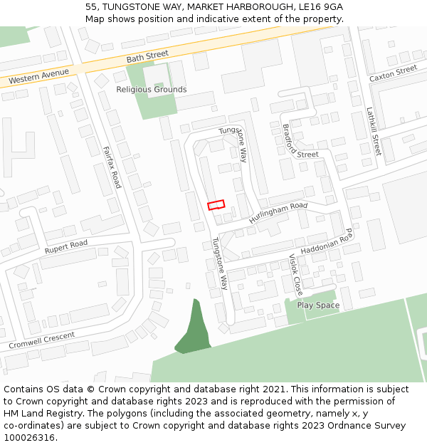 55, TUNGSTONE WAY, MARKET HARBOROUGH, LE16 9GA: Location map and indicative extent of plot