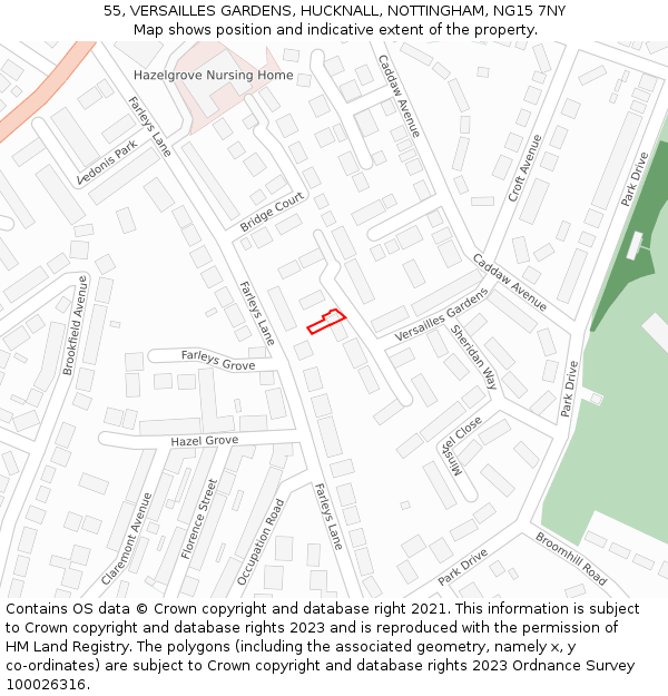 55, VERSAILLES GARDENS, HUCKNALL, NOTTINGHAM, NG15 7NY: Location map and indicative extent of plot