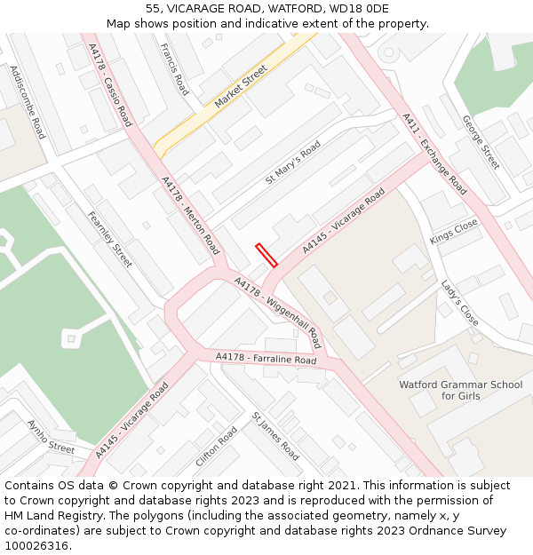 55, VICARAGE ROAD, WATFORD, WD18 0DE: Location map and indicative extent of plot
