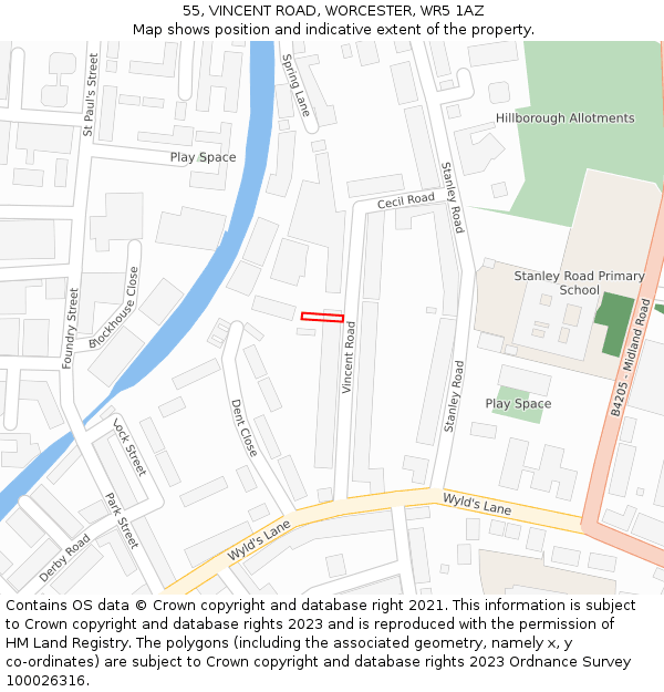 55, VINCENT ROAD, WORCESTER, WR5 1AZ: Location map and indicative extent of plot