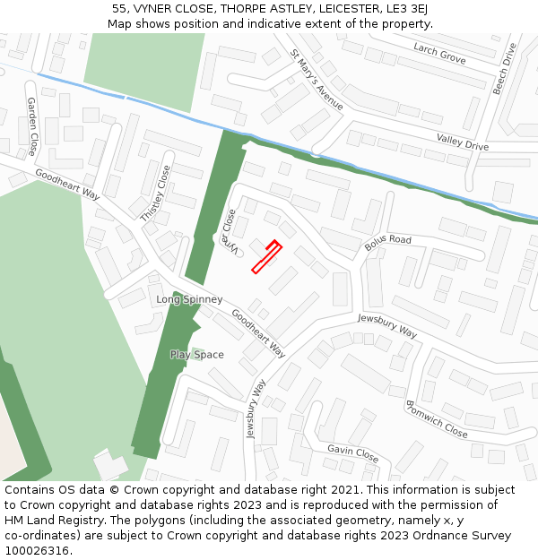 55, VYNER CLOSE, THORPE ASTLEY, LEICESTER, LE3 3EJ: Location map and indicative extent of plot