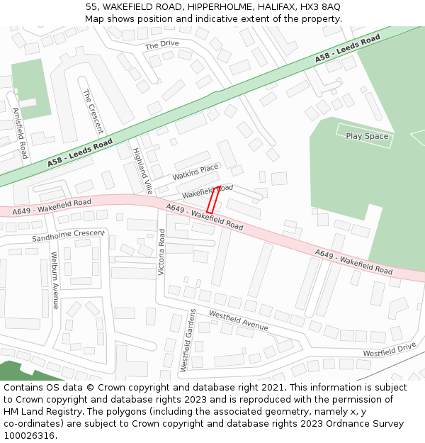 55, WAKEFIELD ROAD, HIPPERHOLME, HALIFAX, HX3 8AQ: Location map and indicative extent of plot