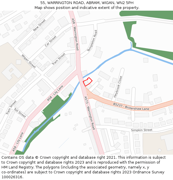 55, WARRINGTON ROAD, ABRAM, WIGAN, WN2 5PH: Location map and indicative extent of plot