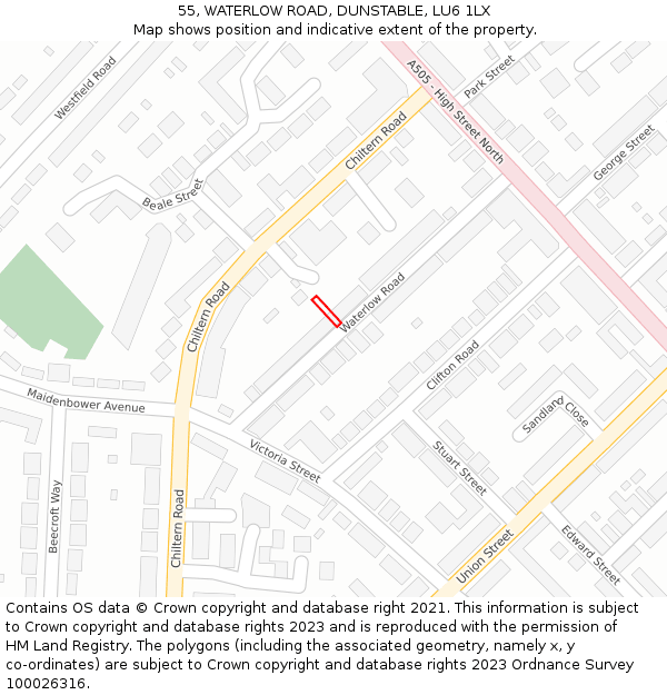 55, WATERLOW ROAD, DUNSTABLE, LU6 1LX: Location map and indicative extent of plot