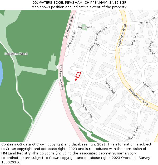 55, WATERS EDGE, PEWSHAM, CHIPPENHAM, SN15 3GF: Location map and indicative extent of plot