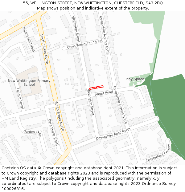 55, WELLINGTON STREET, NEW WHITTINGTON, CHESTERFIELD, S43 2BQ: Location map and indicative extent of plot