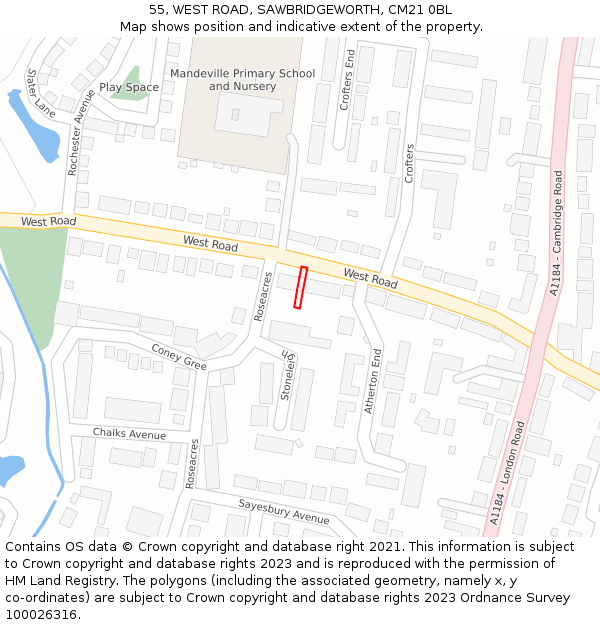 55, WEST ROAD, SAWBRIDGEWORTH, CM21 0BL: Location map and indicative extent of plot
