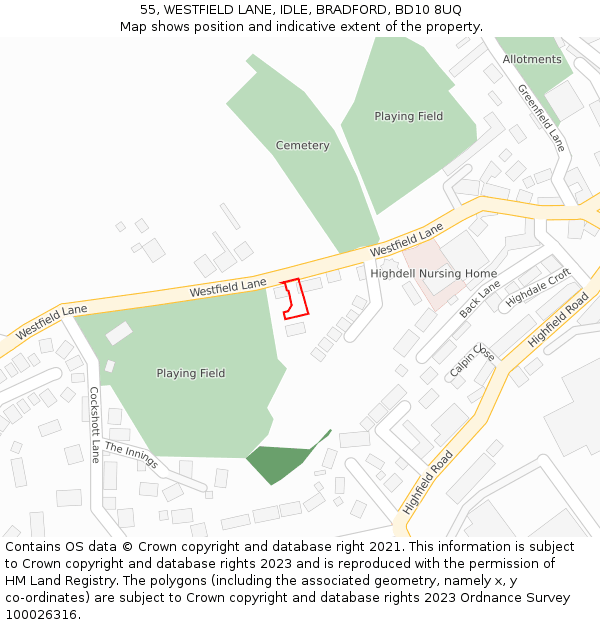 55, WESTFIELD LANE, IDLE, BRADFORD, BD10 8UQ: Location map and indicative extent of plot