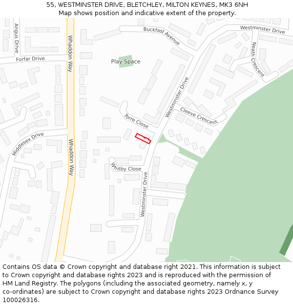 55, WESTMINSTER DRIVE, BLETCHLEY, MILTON KEYNES, MK3 6NH: Location map and indicative extent of plot