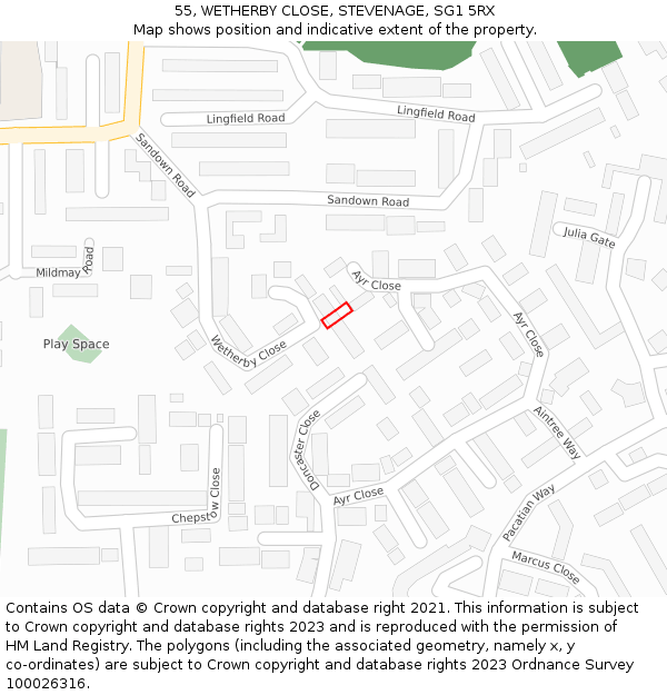 55, WETHERBY CLOSE, STEVENAGE, SG1 5RX: Location map and indicative extent of plot