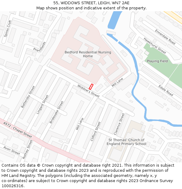 55, WIDDOWS STREET, LEIGH, WN7 2AE: Location map and indicative extent of plot