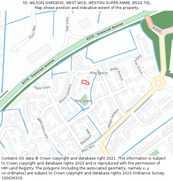 55, WILSON GARDENS, WEST WICK, WESTON-SUPER-MARE, BS24 7GL: Location map and indicative extent of plot