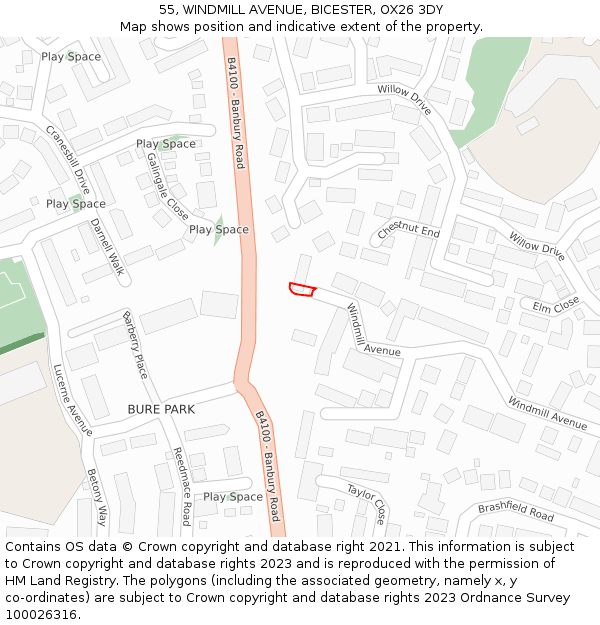 55, WINDMILL AVENUE, BICESTER, OX26 3DY: Location map and indicative extent of plot