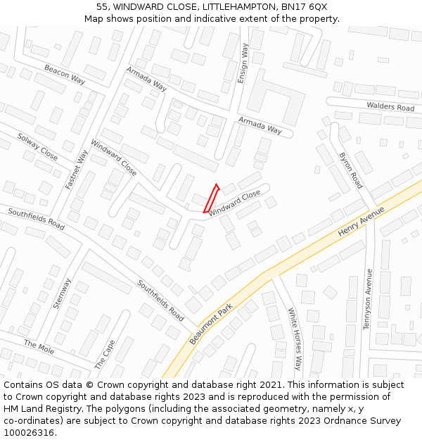 55, WINDWARD CLOSE, LITTLEHAMPTON, BN17 6QX: Location map and indicative extent of plot