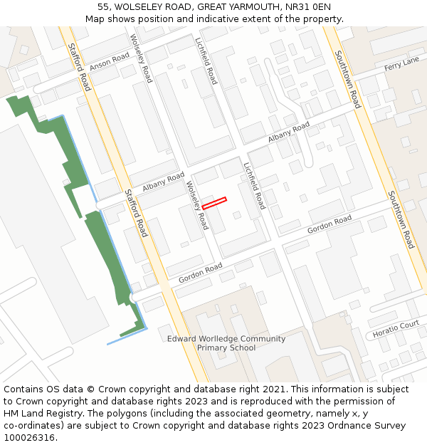 55, WOLSELEY ROAD, GREAT YARMOUTH, NR31 0EN: Location map and indicative extent of plot