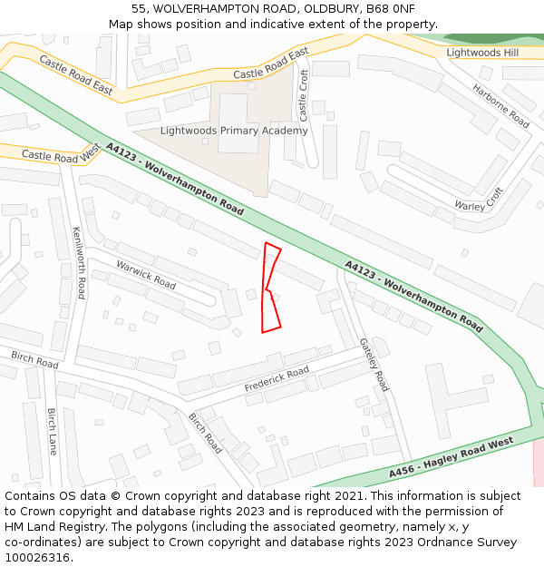 55, WOLVERHAMPTON ROAD, OLDBURY, B68 0NF: Location map and indicative extent of plot