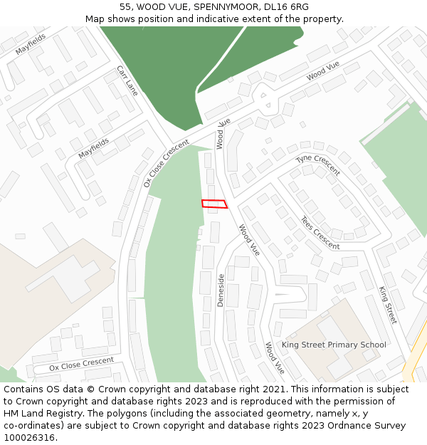 55, WOOD VUE, SPENNYMOOR, DL16 6RG: Location map and indicative extent of plot