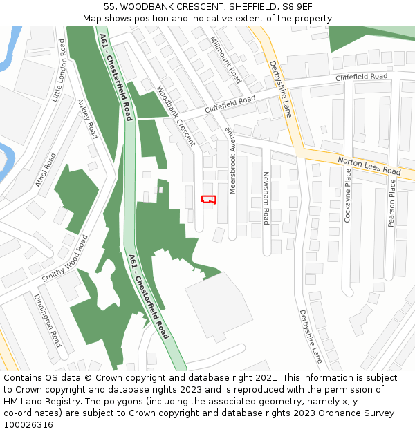 55, WOODBANK CRESCENT, SHEFFIELD, S8 9EF: Location map and indicative extent of plot