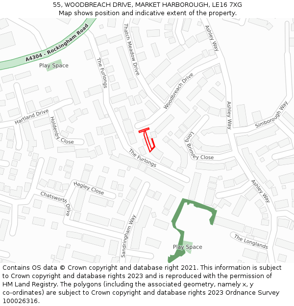 55, WOODBREACH DRIVE, MARKET HARBOROUGH, LE16 7XG: Location map and indicative extent of plot